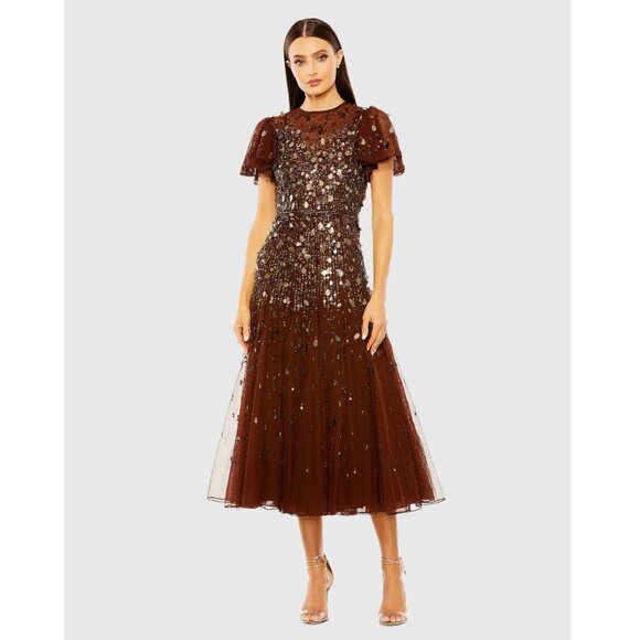 Mac Duggal Womens 20418 Flutter Sleeve Sheer Top Beaded Dress Midi Dress - Picture 1 of 3